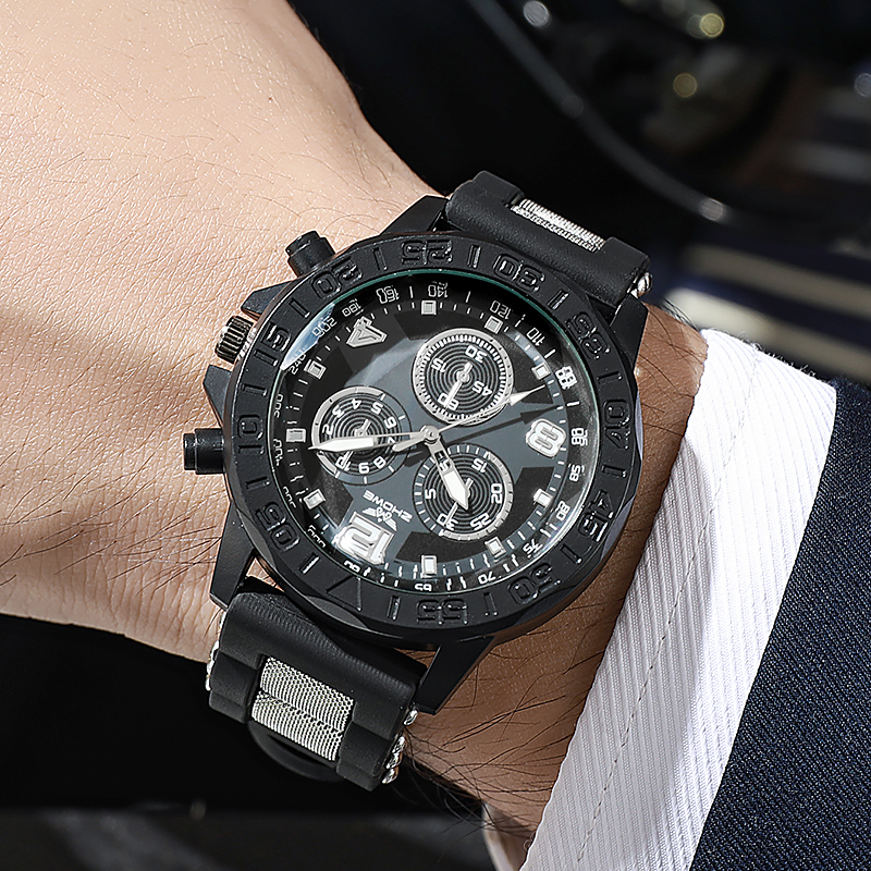 Light luxury refined fake three eye, mixed bar scale dial silicone quartz watch, elegant wristwear