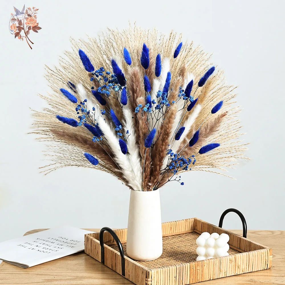 Blue Pampas Grass Bunny Tail Dried Flower Bouquet for Boho Home Decor