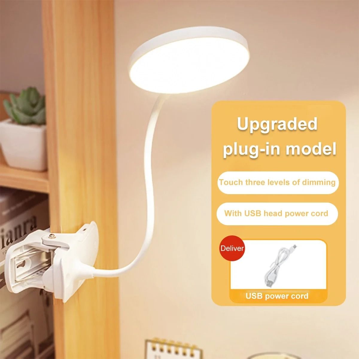 USB Rechargeable Desk Lamp LED Clip Reading Light with Eye Protection and 3 Dimming Modes