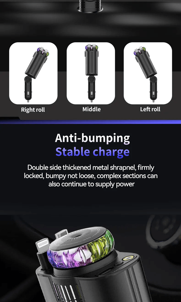 5 in 1 PD45W Car Fast Charger Retractable USB C Power Adapter with Ambient Light