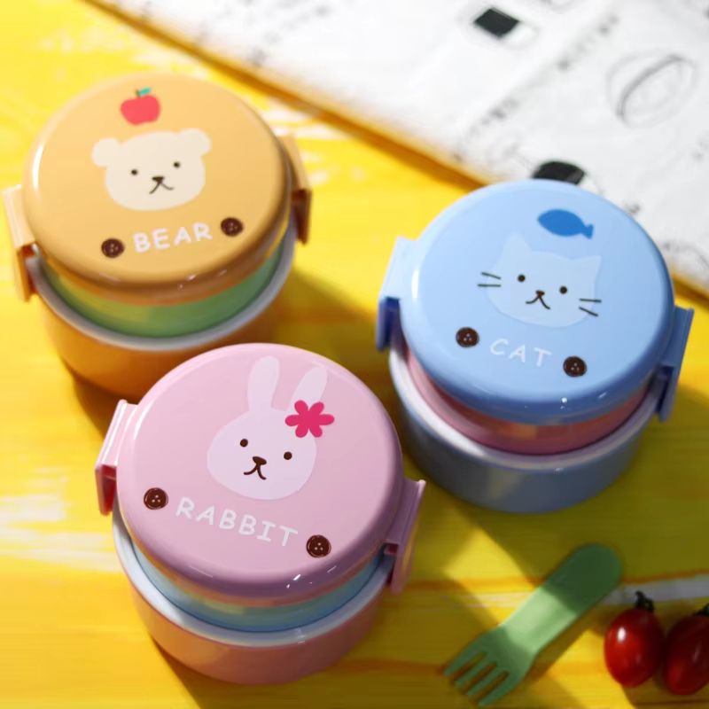 18.26 fl oz Cute Animal Double Layer Bento Lunch Box Round Kids Snack & Fruit Container