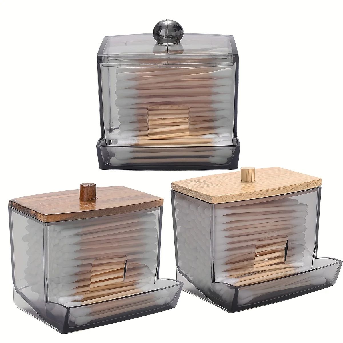 Clear Acrylic Cotton Swab Holder with Bamboo Lid – Bathroom Q-Tip Dispenser Canister