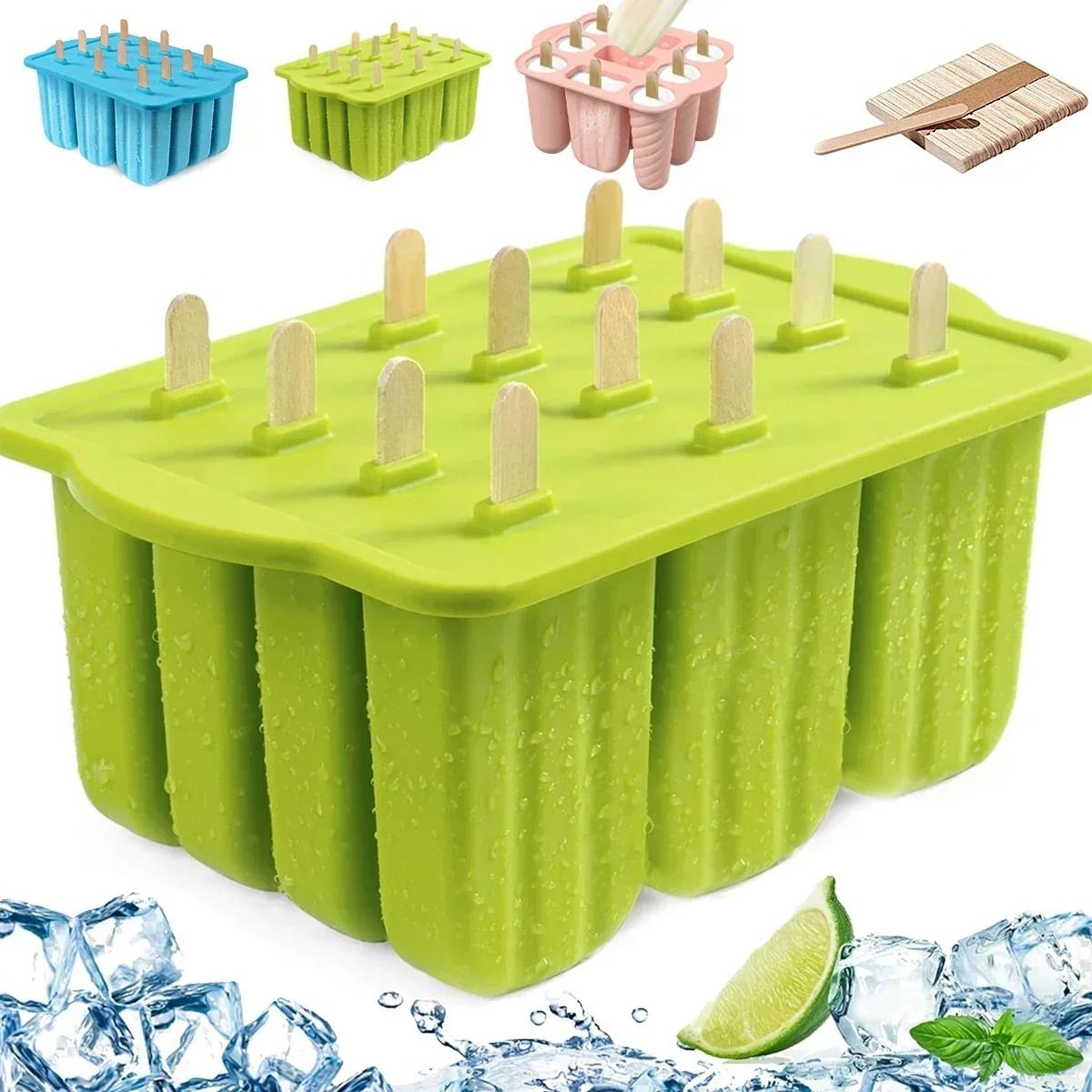 Reusable Silicone Popsicle Molds with Wooden Sticks