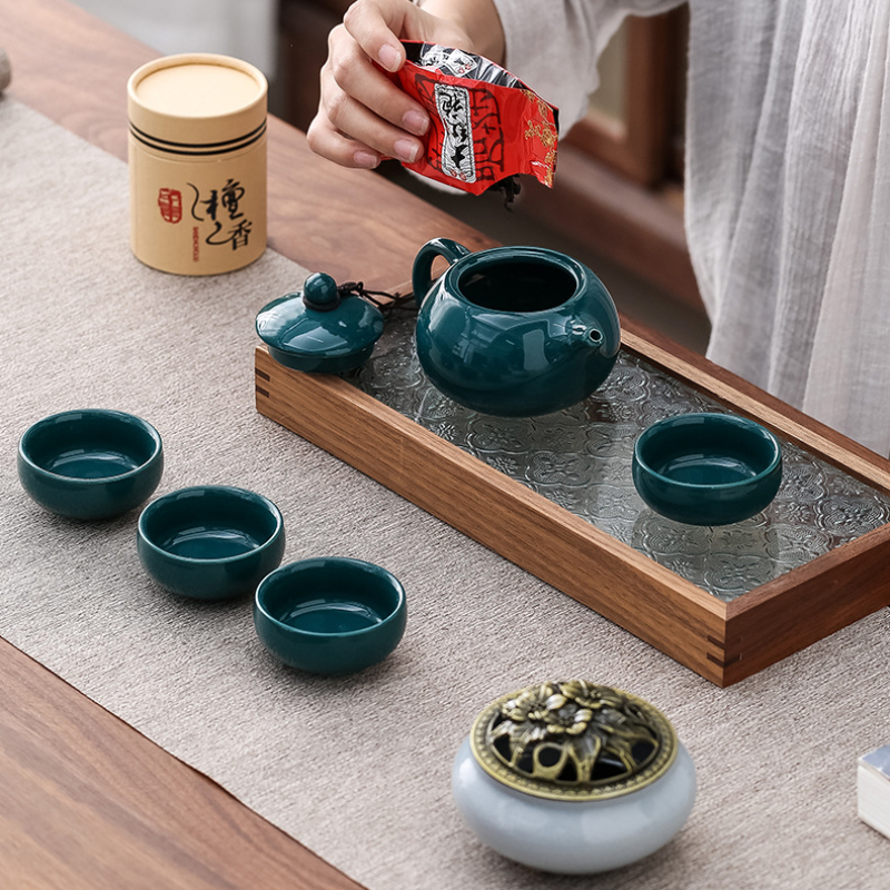 Ceramic Tea Set One Pot, Four Cups, Sandalwood Stove with Incense Burner Gift Box for Ceremony