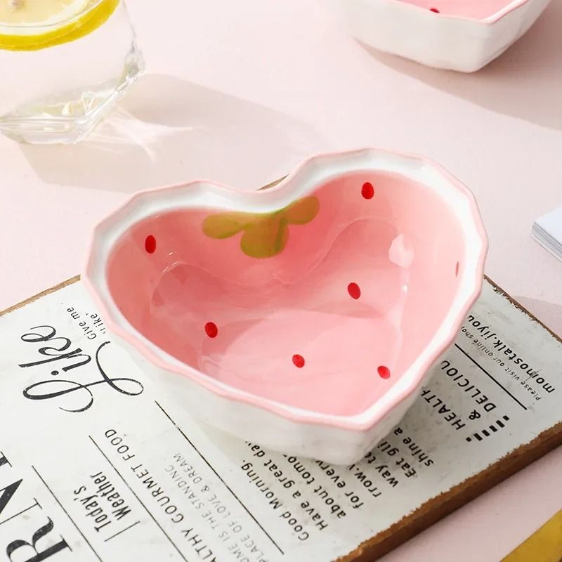 Cute Strawberry Ceramic Ramen Bowl with Matching Spoon
