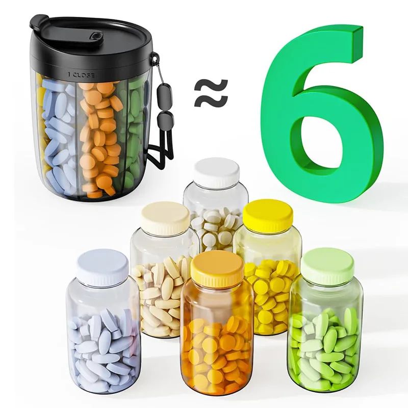6-Grid Travel Pill Organizer Bottle – Portable Vitamin Organizer with Built-In Cup