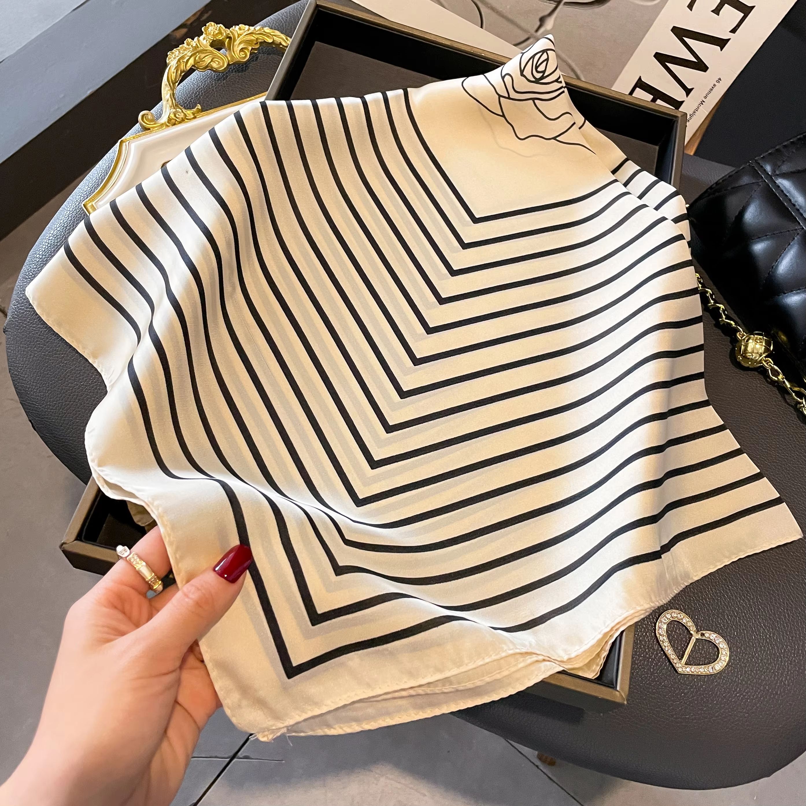 Women's Striped Silk Satin Square Scarf – 27.56x27.56in Elegant Headband, Neck Wrap & Bandana