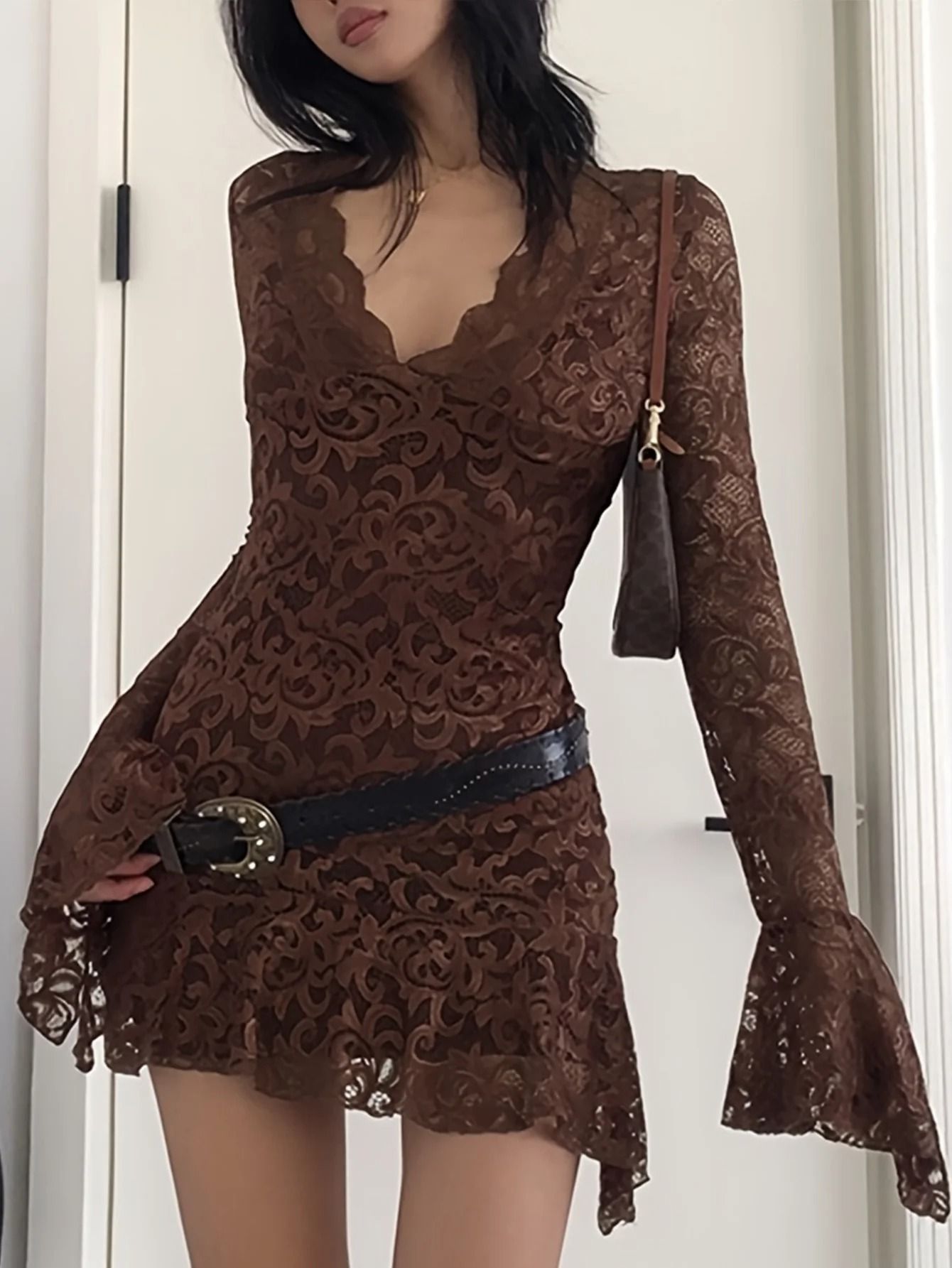 Summer Y2K Sheer Mesh Lace Bodycon Dress Flared Long Sleeve V-Neck Mini Party Club Evening Dress