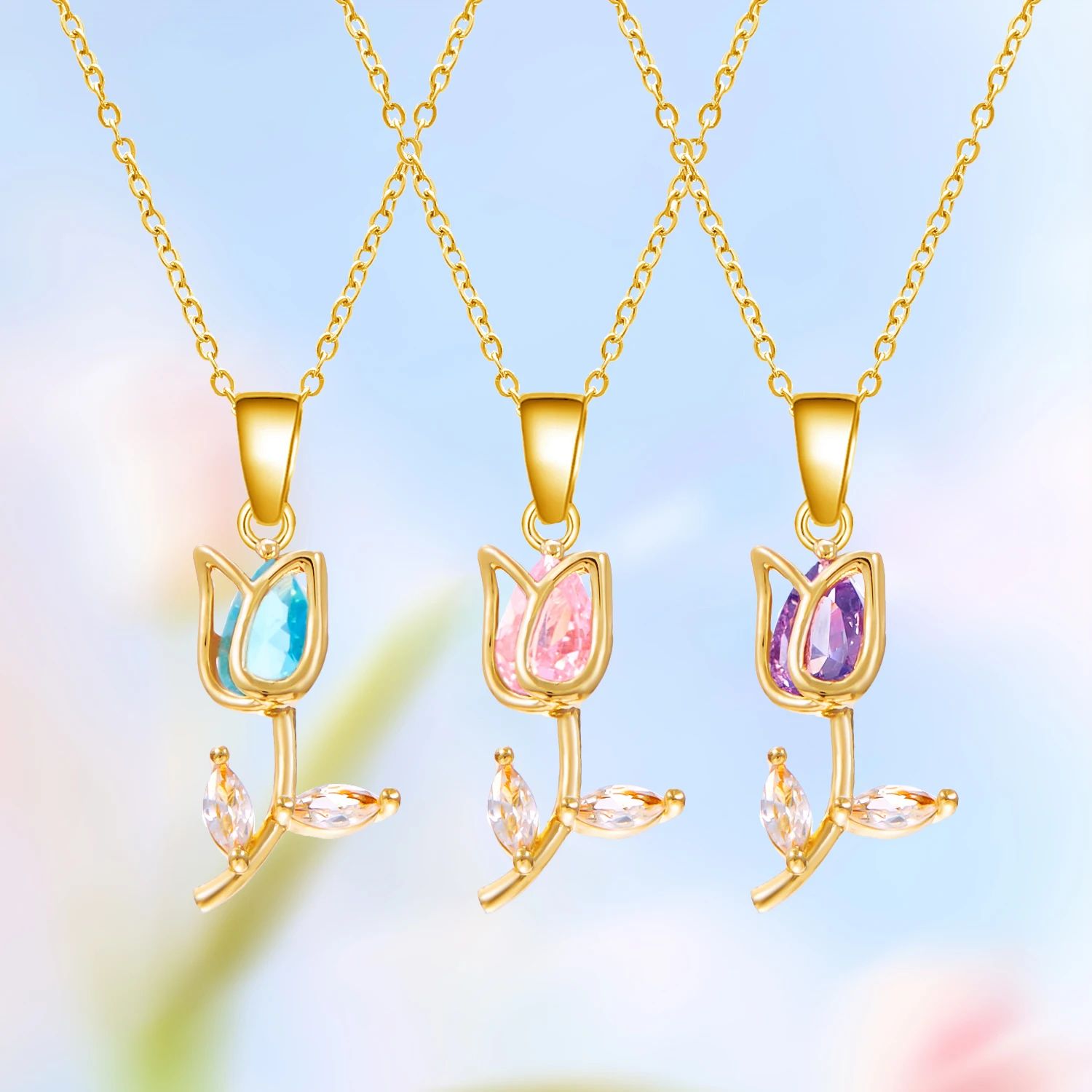 Zircon Tulip Flower Pendant Necklace for Women