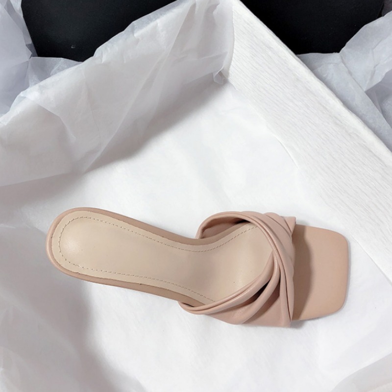 New Fashion Summer Handmade Women Shoes High Heels Square Open Toe Slippers Apricot Off White