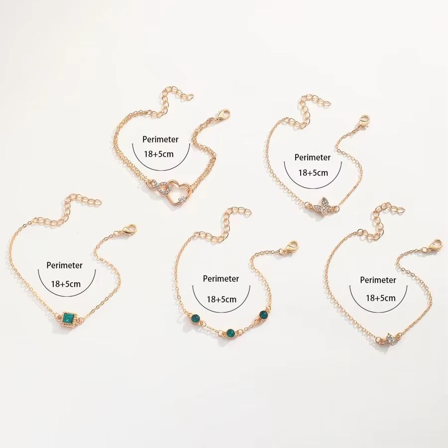 5 Piece heart bracelet set for Women – green crystal bracelet and butterfly bracelet Gold Color Stack