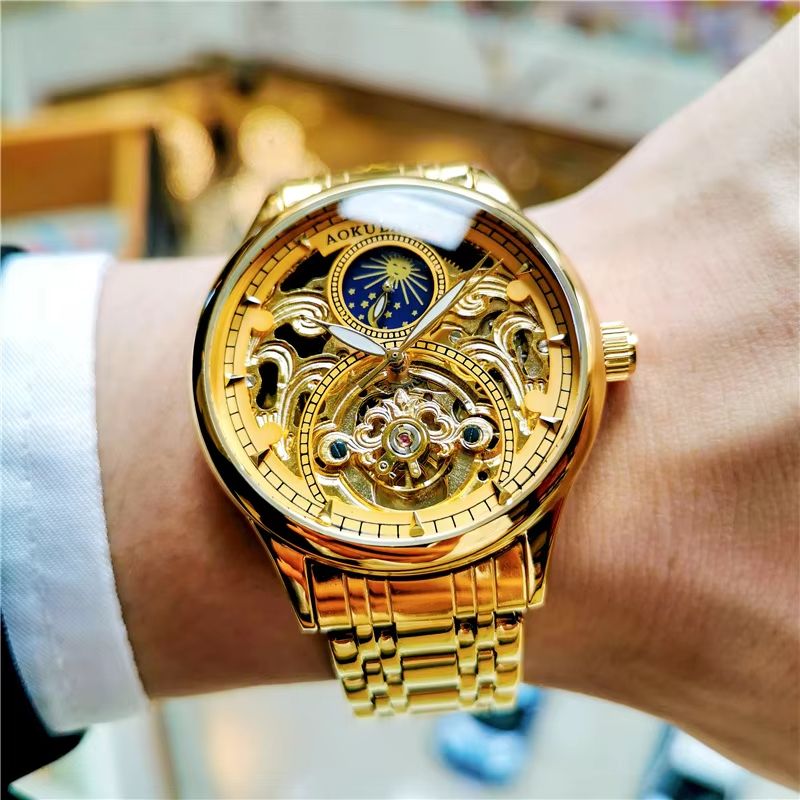 Luxury Gold Skeleton Moon Phase Automatic Watch for Men with Luminous Hands