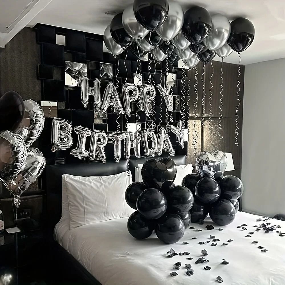 Black & Silver Milestone Set – 16-Inch Alphabet & Heart Foil Balloons