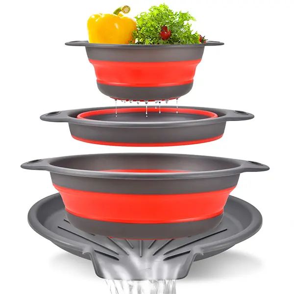 Foldable Collapsible Colander Set with Self-Draining Base – Space-Saving Vegetable & Fruit Washing Baskets (3/4 PCS)