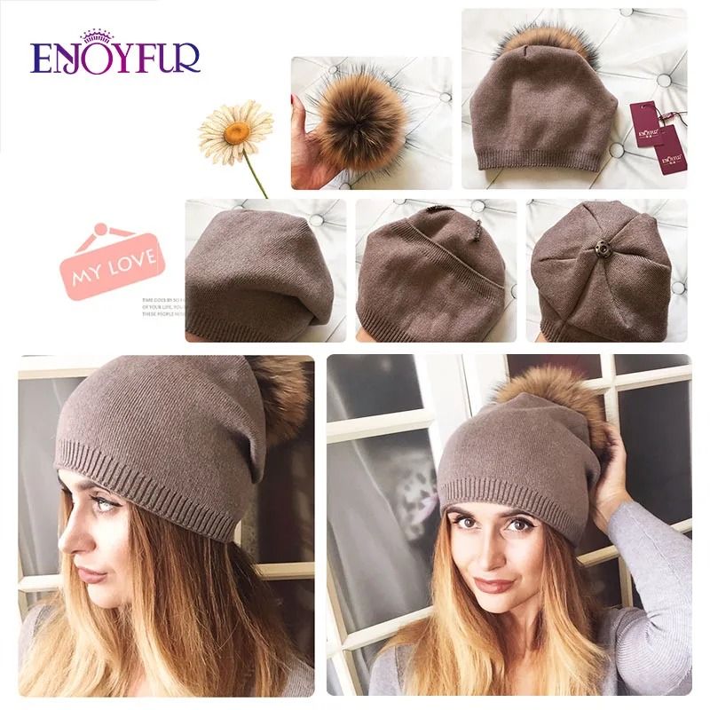 Wool Knit Beanie with Real Fur Pom Pom
