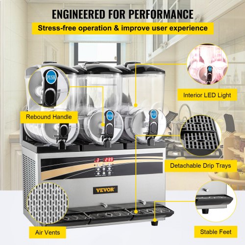 3x15L Commercial Slushy Machine, 1200W Stainless Steel Frozen Drink Maker, Adjustable Temperature (26.6°F-28.4°F)