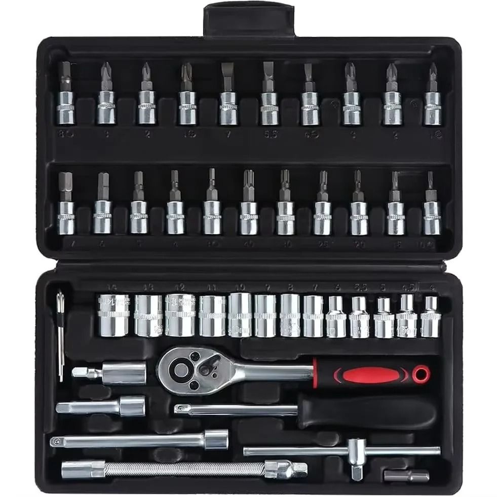 46 Piece Socket Ratchet Wrench Set With Bit Sockets and Extension Bar