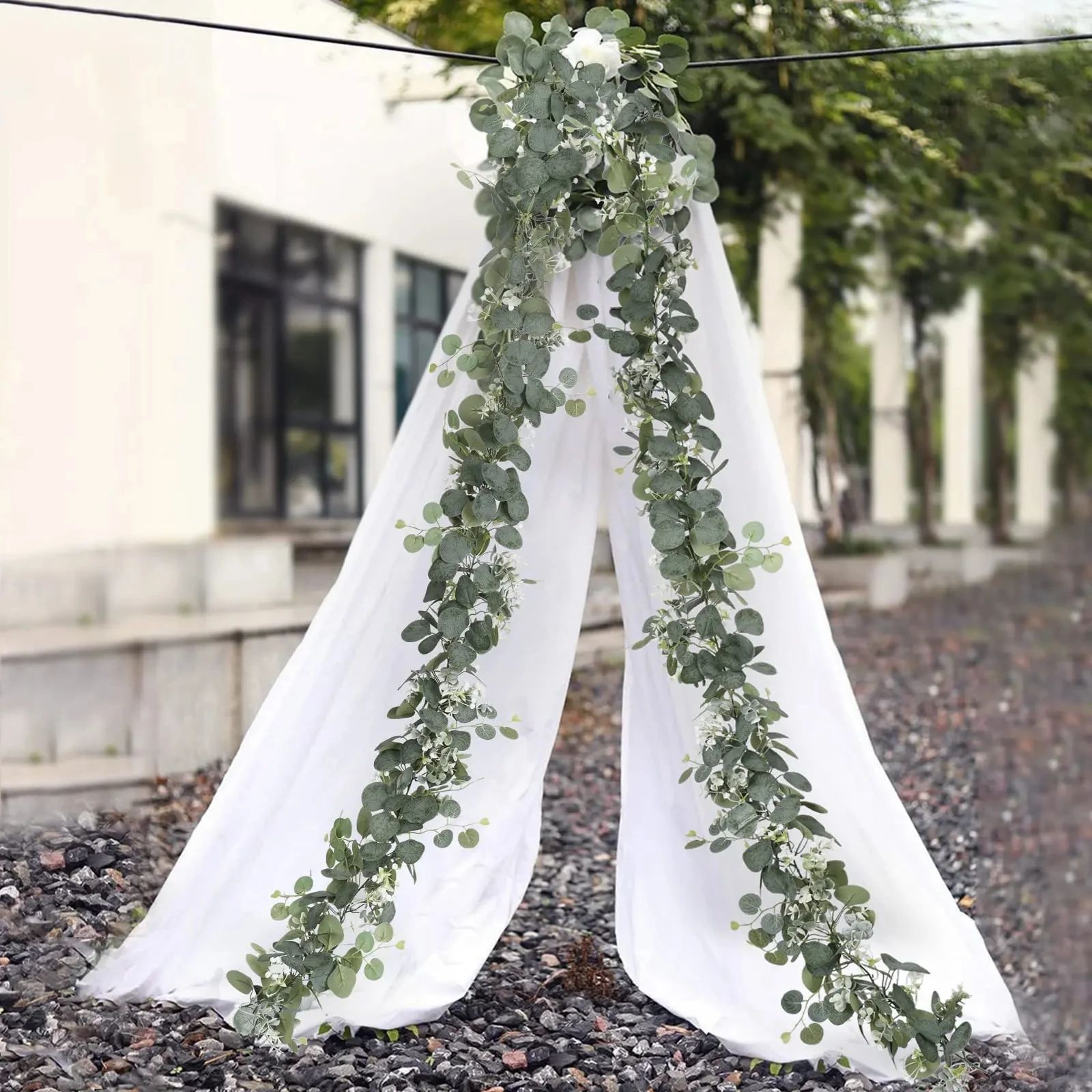 Artificial Eucalyptus Garland with White Flowers