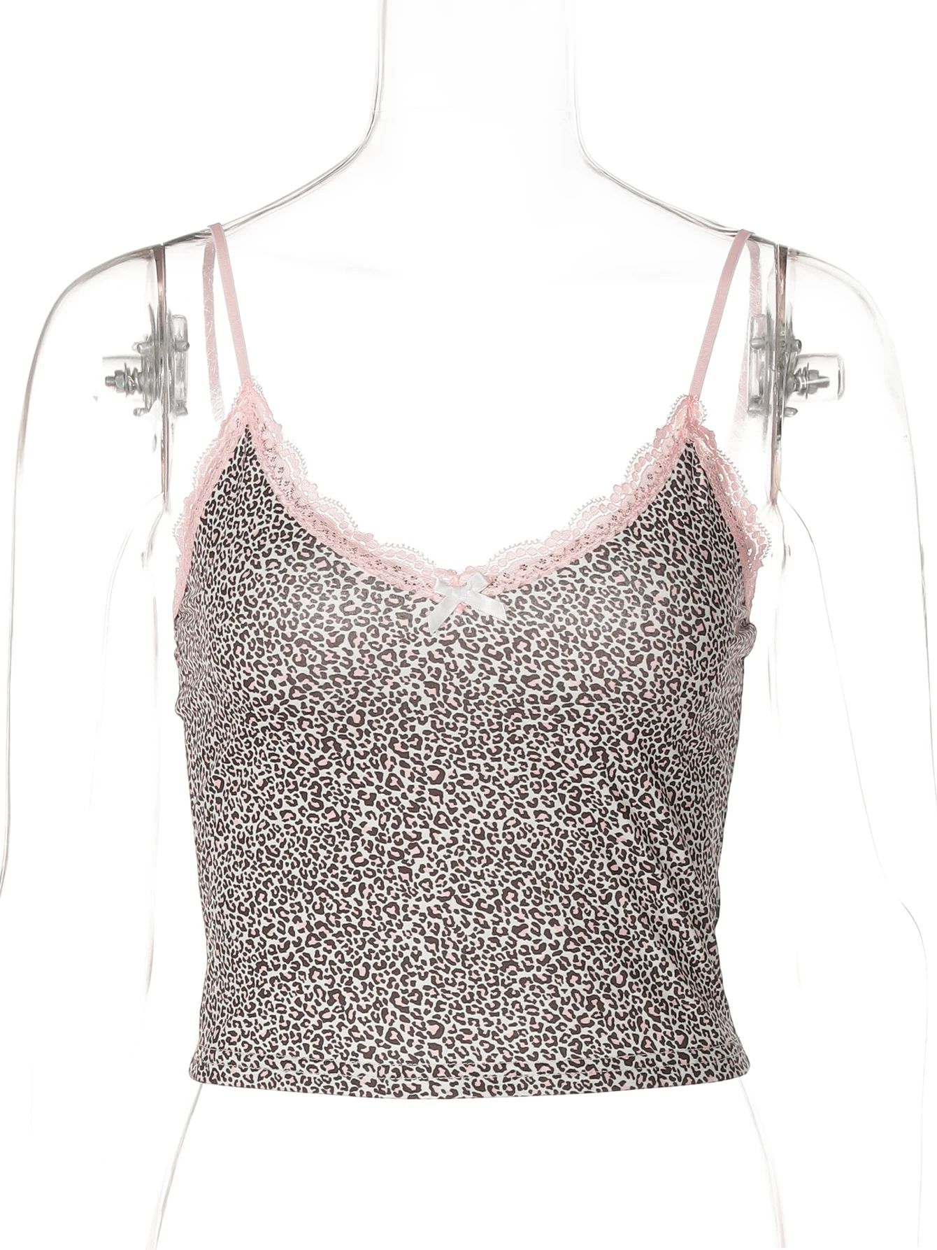 Leopard Print Lace Bow Crop Cami – Y2K Slim Fit Festival Party Top
