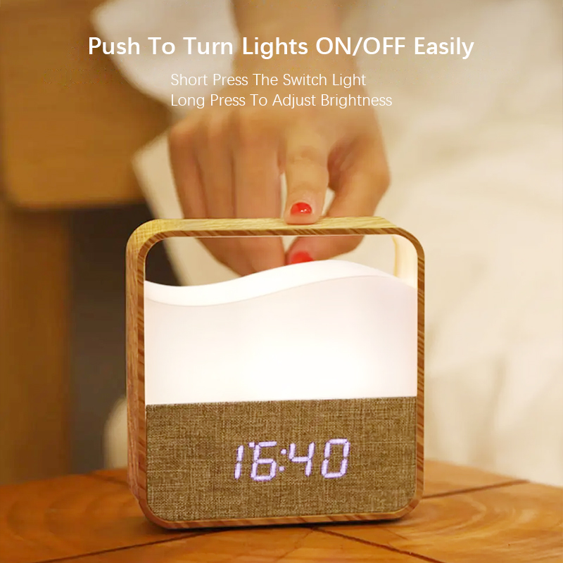 Creative Small Alarm Clock Night Light, Wood Grain Bedside Clock, Rechargeable Portable Night Light for Sleep, Hand-held