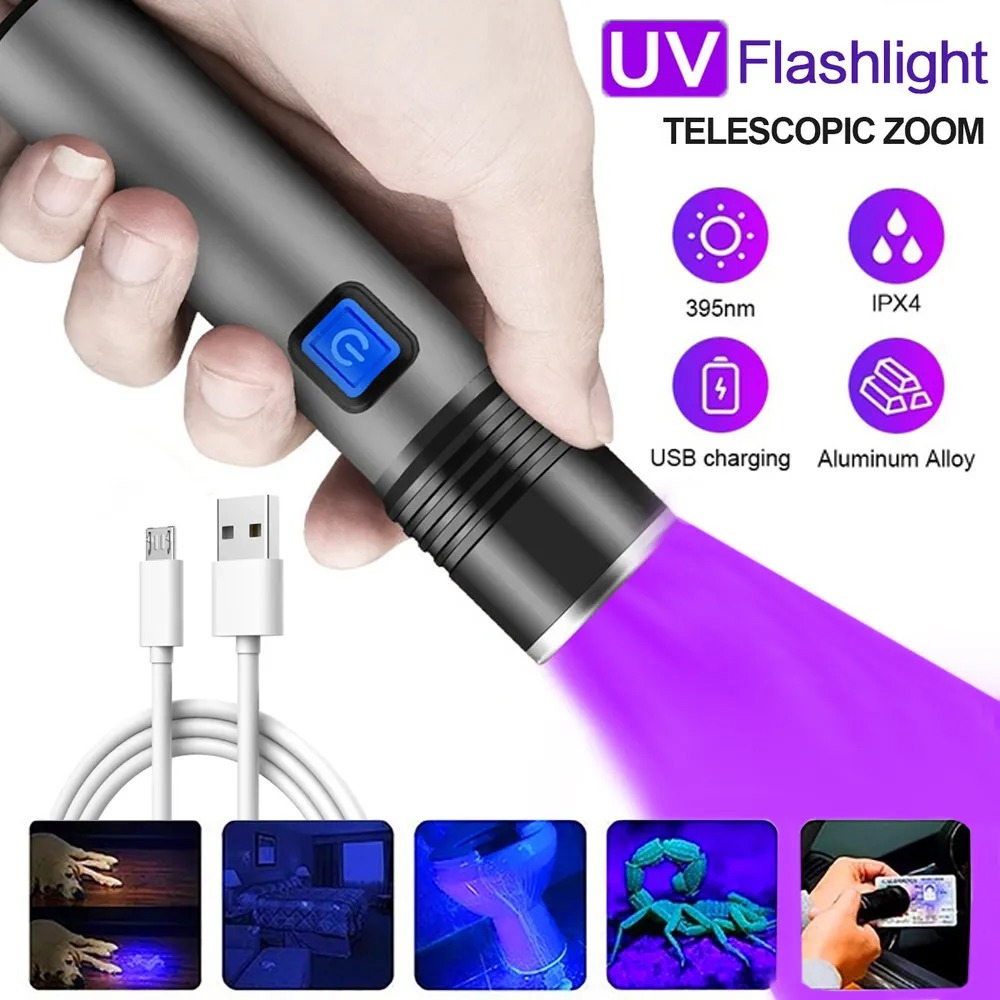 UV Flashlight Blacklight Zoomable, USB Rechargeable Ultraviolet Light for Pet Urine Detection, Resin Curing & Stains
