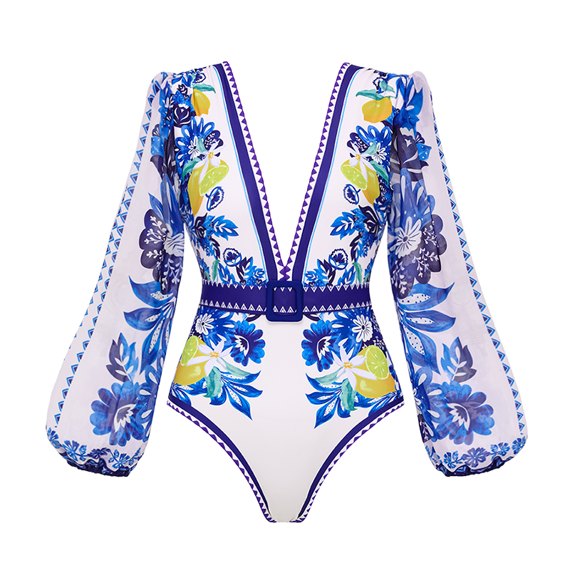 Long Sleeve Beach Wear Printed One Piece Swimsuit Set Bodysuit Wholesale