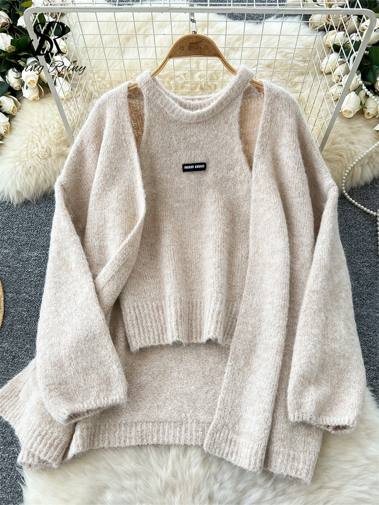 Warm Loose Cardigan, Solid Cashmere Sweater Long Sleeves, Sleeveless Knitting Tank Top Winter Casual Tops