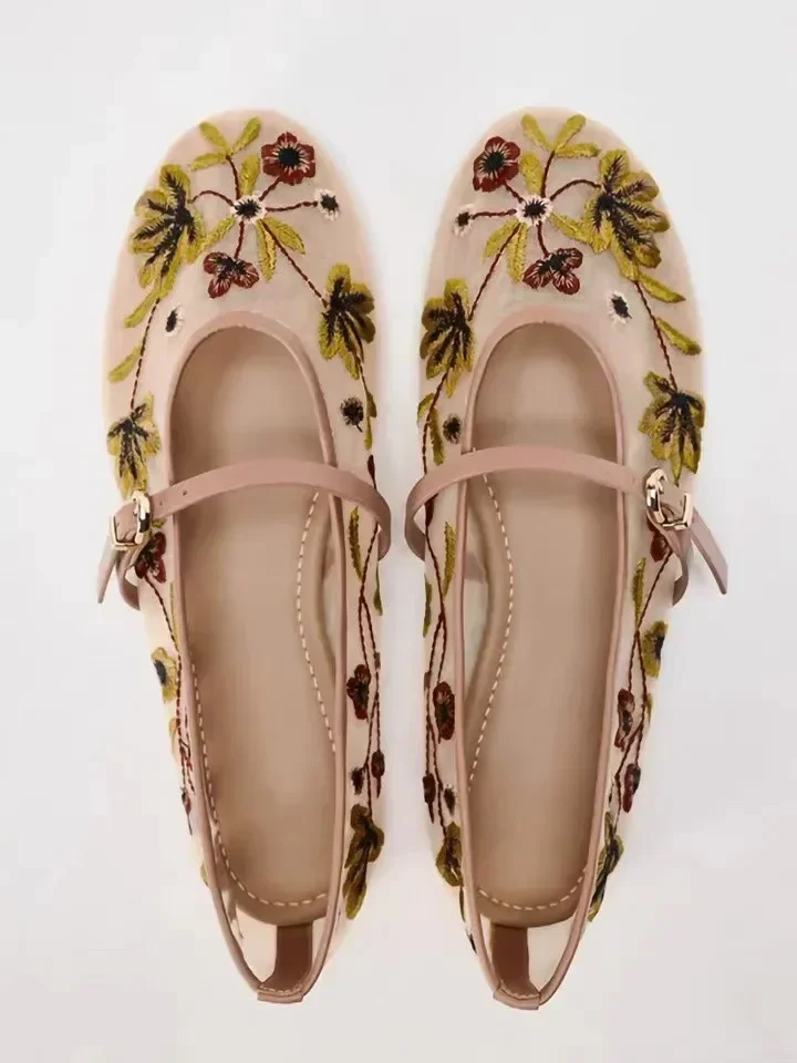 Luxury Designer Mesh Breathable Ballet Flats Women, Embroidered Flower Mary Jane Shoes, Lightweight Low Heel Summer