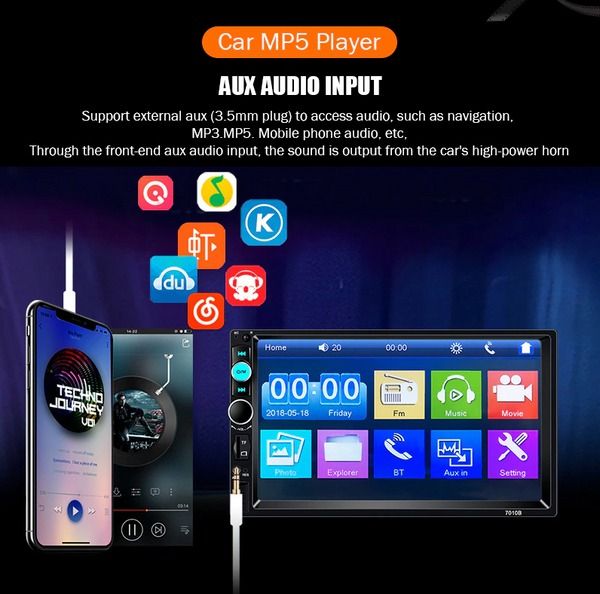 Bluetooth MP5 Car Player, Double 2 DIN Touch Screen Stereo, HD Radio with Camera, Hands-Free, Steering Wheel Control