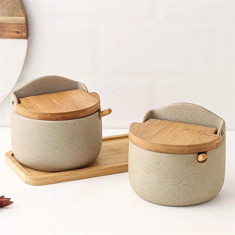 Japanese Style Ceramic Seasoning Jar Set With Bamboo Lid And Spoon