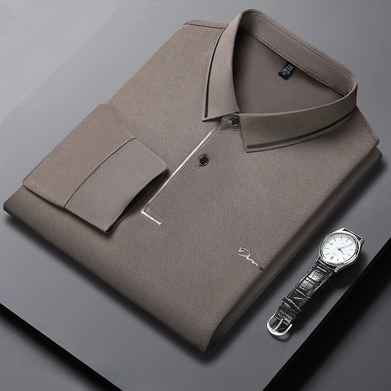 New Men's Business Casual Polo Shirt Long Sleeved Badge Solid Color Fashionable Comfortable Breathable Versatile Top