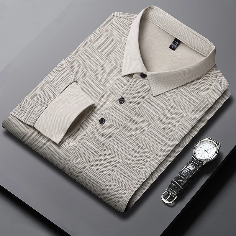 New Men's Solid Color Long Sleeved Polo Shirt Fashionable Comfortable Breathable Versatile Business Casual Top