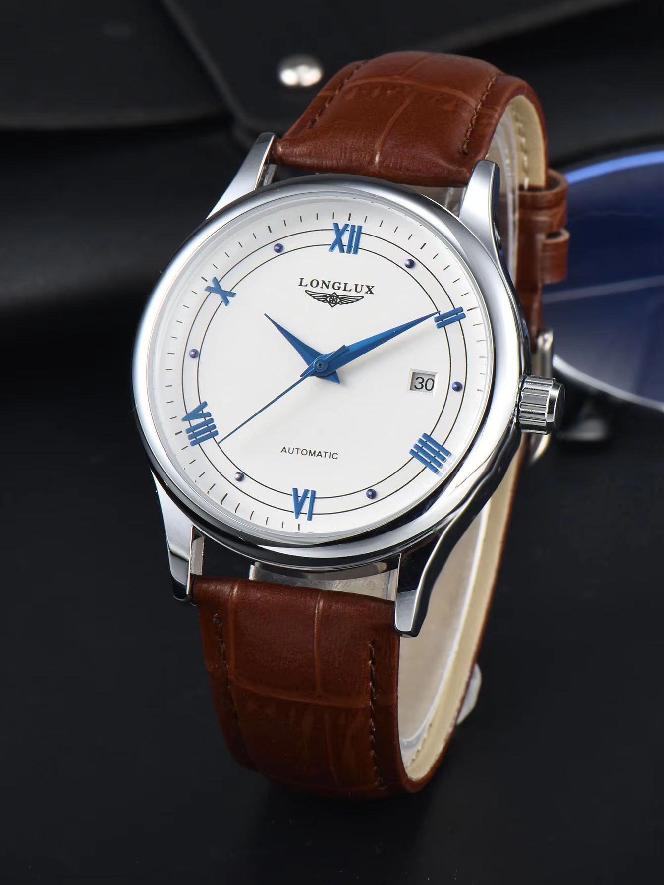 LONGLUX Automatic Mechanical Men's Watch Classic Leather Strap Watch with Date Display