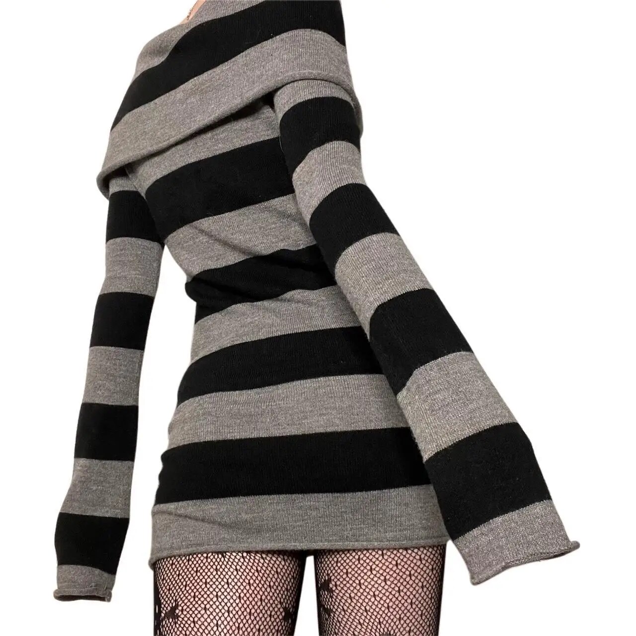 Women Striped Mini Bodycon Dress, Off Shoulder Boat-Neck, Long Sleeve, Wrapped Hip Party Dress for Spring and Autumn