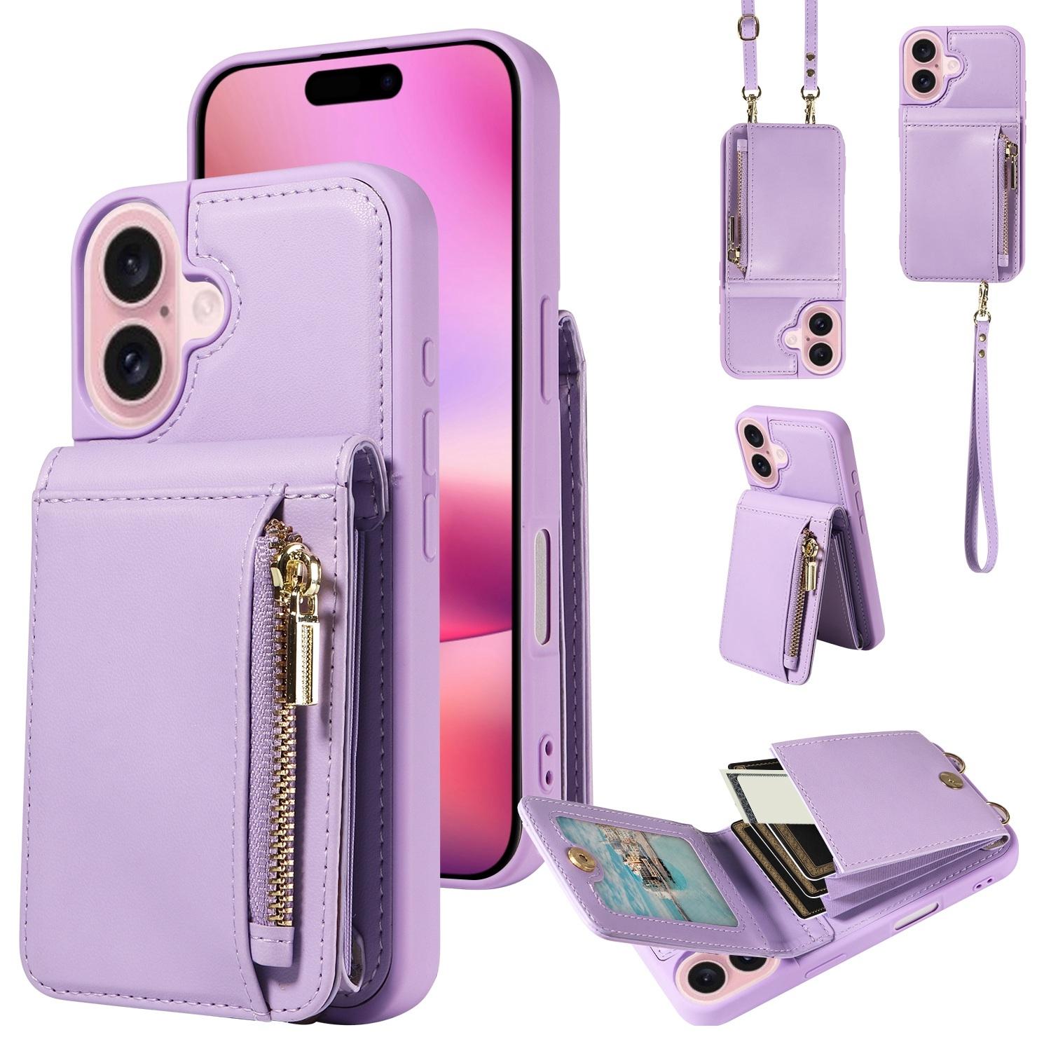 Leather Crossbody iPhone Wallet Case with Zipper Pocket & Lanyard Strap