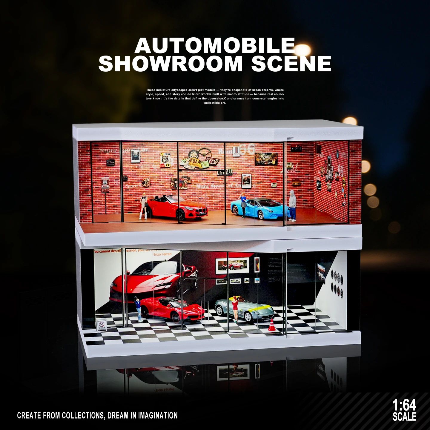 1/64 Scale Garage Diorama Display Box with LED Lights - Miniature Parking Lot & Auto Shop Scene for Diecast Cars