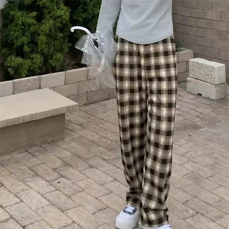 Women's Plush Wide Leg Plaid Pants Warm Cashmere Style Loose Winter Trousers