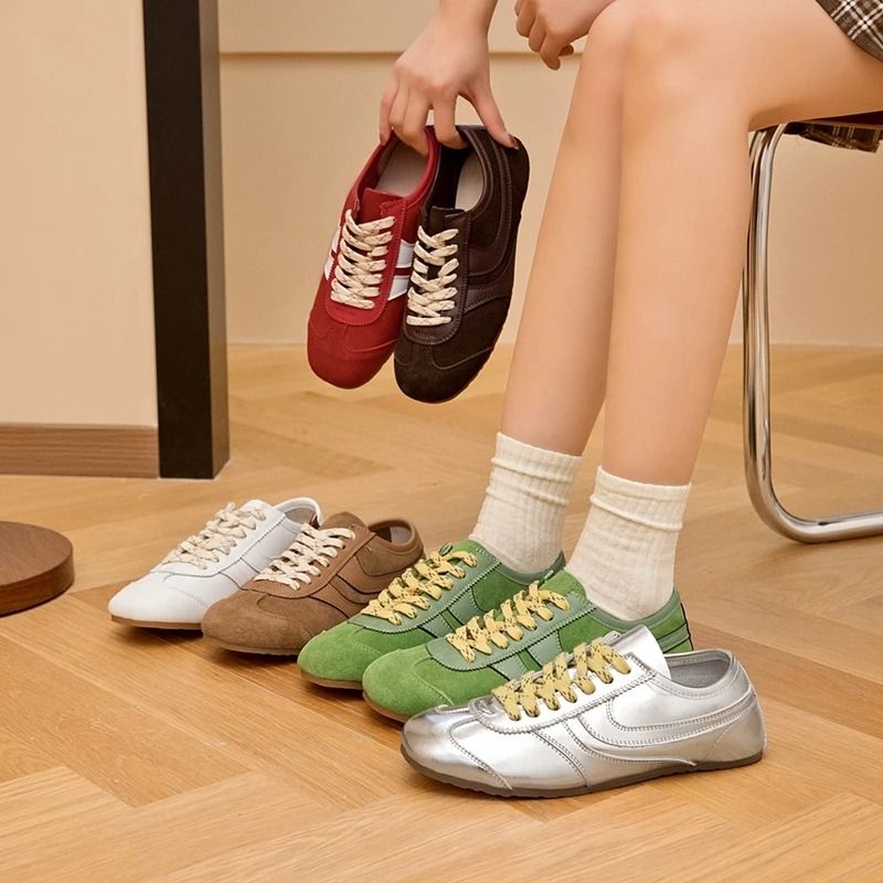 Womens Retro German Training Sneakers Genuine Leather Flat Lace-Up Shoes