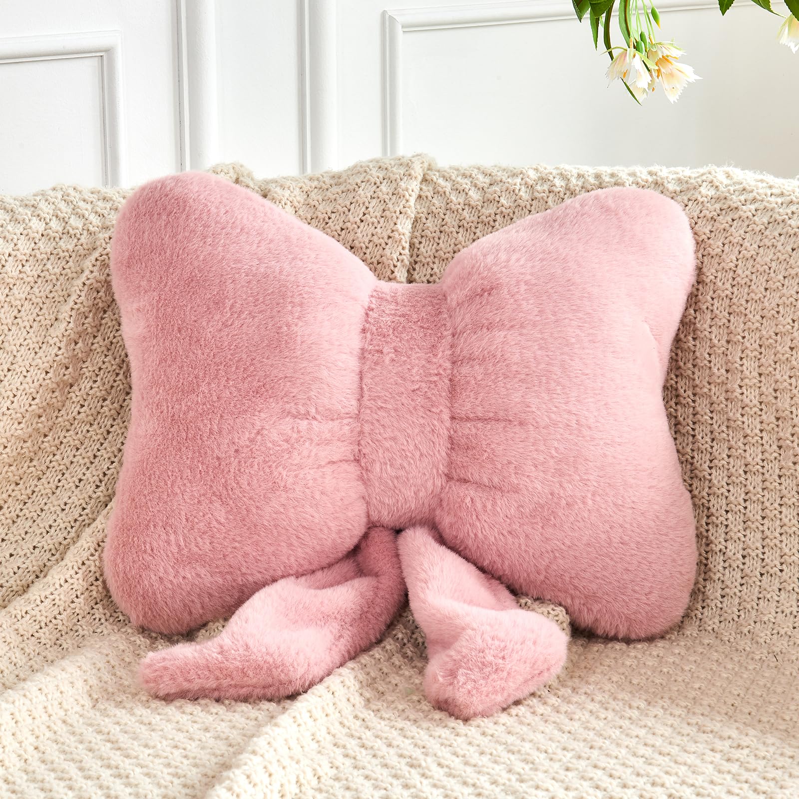 Cute Dusty Pink Bow Throw Pillows Soft Faux Rabbit Fur Aesthetic Home Decor Decorative Bow Pillow