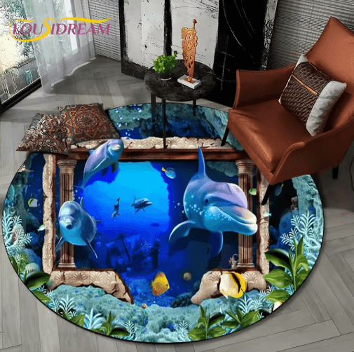 3D Ocean Dolphin Area Rug – Non-Slip Underwater Illusion Round Carpet