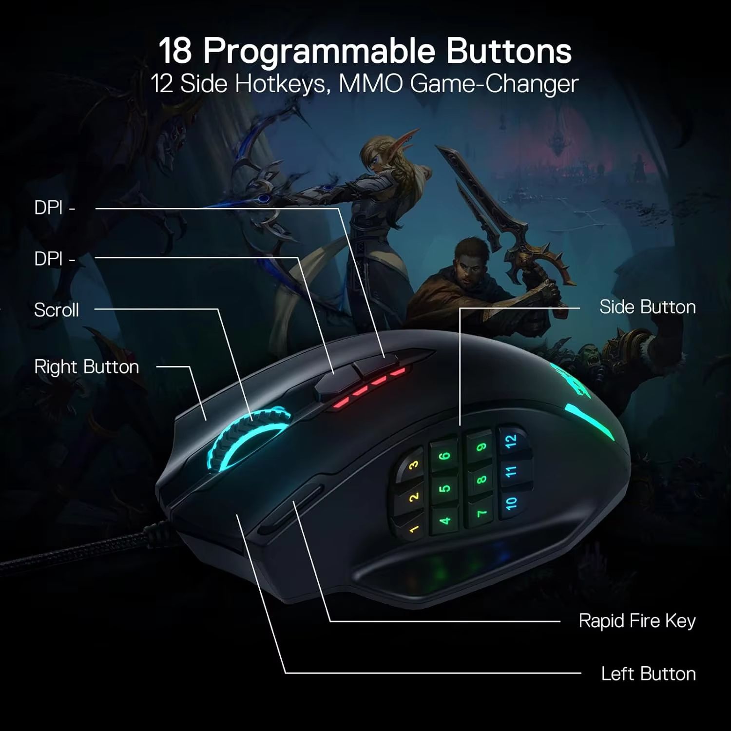 Redragon M908 Impact RGB Wired MMO Gaming Mouse, 18 Programmable Buttons, 12400 DPI