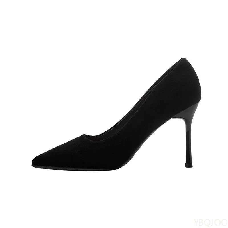 Elegant Black Suede Pointed Toe High Heels Shallow Cut Pumps