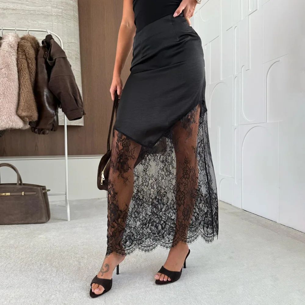 Elegant High Waist Lace Maxi Skirt – Boho Hollow Out Autumn Office Style