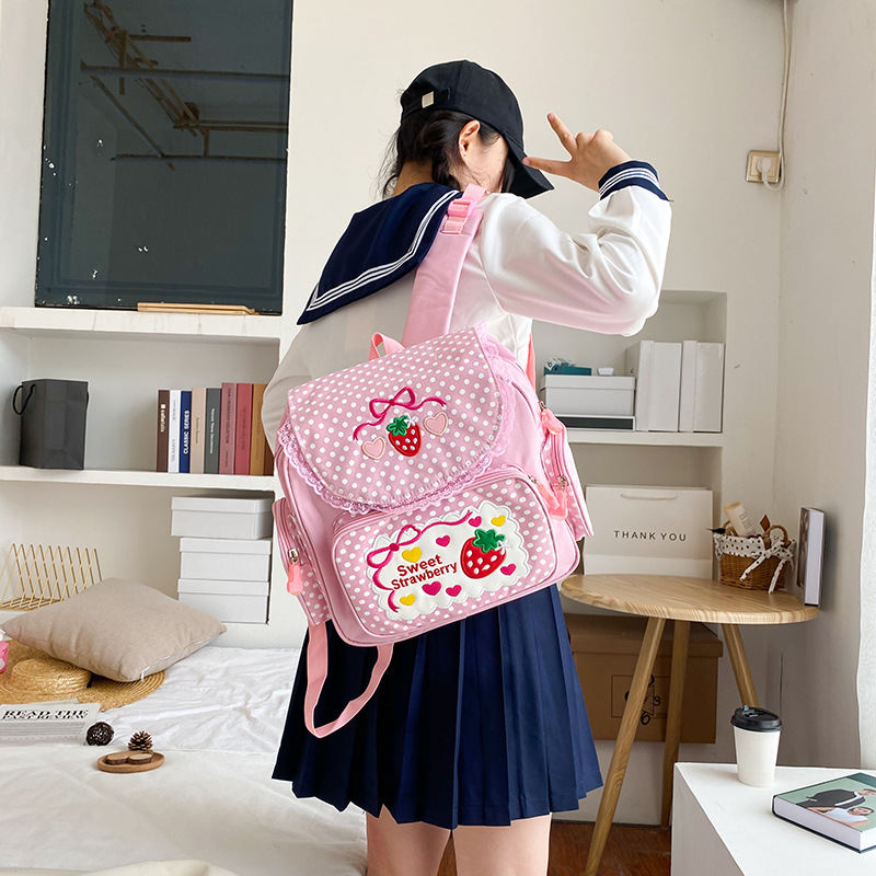 Strawberry Embroidered Girls School Backpack Cute Pink Kids Book Bag