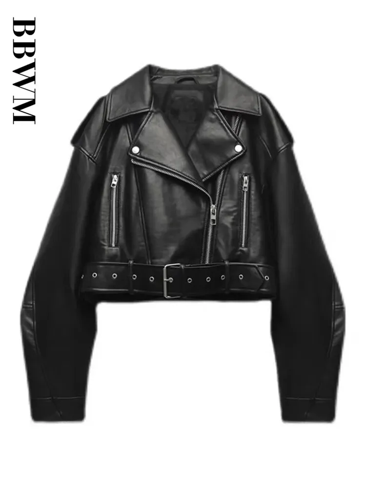 Womens Vintage Moto Jacket, Oversized Faux Leather Biker Coat, with Belt and Zipper, Streetwear Outwear