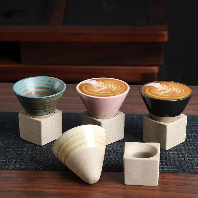 Japanese Style Retro Ceramic Coffee Cup Rough Pottery Tea Cup for Latte, Pull Flower Porcelain Mug Home & Office Use