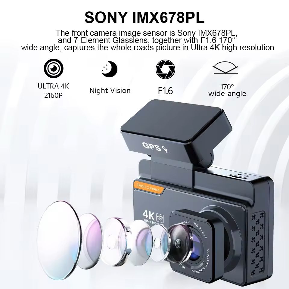4K Dual Lens Dash Cam with GPS WiFi Night Vision Front and Rear Camera