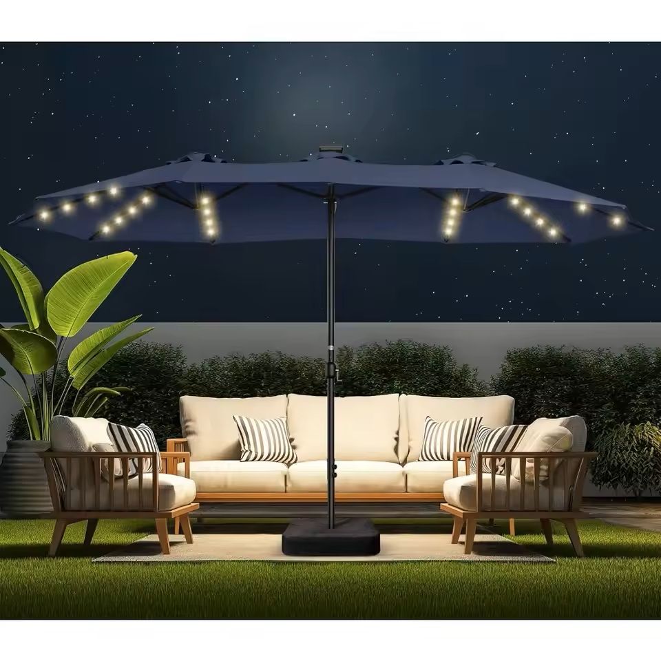 Extra Large Double Sided Patio Umbrella with Solar Lights and Base