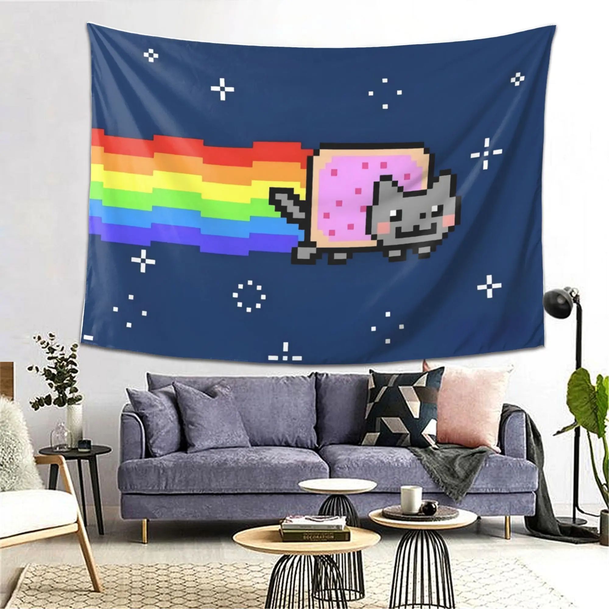 Nyan Cat Tapestry Pixel Art Retro Wall Hanging for Gaming Room Decor