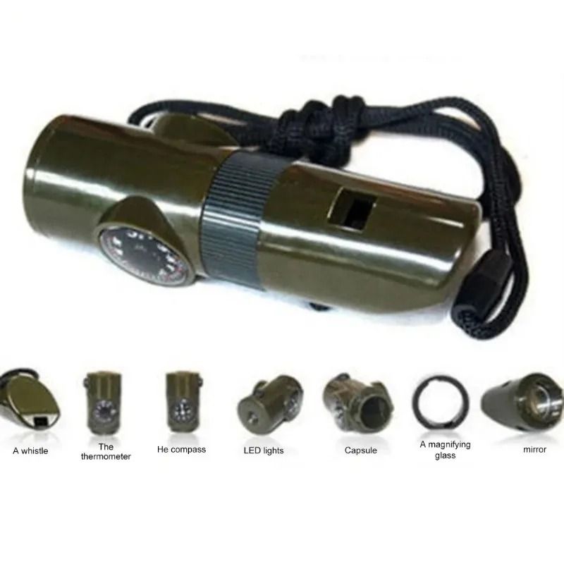 7-in-1 Jungle Survival Whistle with Integrated Compass, LED Light, and Rescue Tools